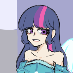 Size: 1080x1080 | Tagged: safe, artist:菜c, twilight sparkle, human, g4, bare shoulders, bust, clothes, concerned, dress, humanized, solo