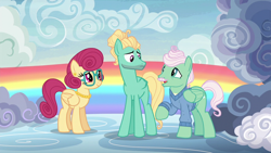 Size: 1920x1080 | Tagged: safe, screencap, gentle breeze, posey shy, zephyr breeze, pegasus, pony, flutter brutter, g4, season 6, female, glasses, jewelry, male, mare, necklace, pearl necklace, raised hoof, stallion, trio