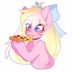 Size: 3229x3229 | Tagged: safe, artist:yuozka, oc, oc only, oc:bay breeze, pegasus, pony, alternate hairstyle, blushing, bow, commission, cute, eating, female, food, hair bow, high res, long mane, mare, ocbetes, pegasus oc, pizza, simple background, solo, white background, ych result