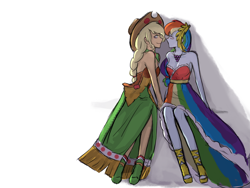 Size: 2666x2000 | Tagged: safe, artist:菜c, applejack, rainbow dash, equestria girls, g4, bare shoulders, boots, clothes, cowboy hat, dress, female, gala dress, hat, high res, imminent kissing, lesbian, sandals, shadow, ship:appledash, shipping, shoes, simple background, sleeveless, strapless, white background