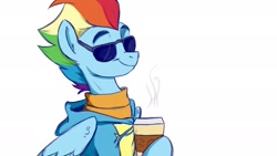 Size: 2048x1152 | Tagged: safe, artist:rutkotka, rainbow dash, pegasus, pony, g4, clothes, coffee, cup, eyebrows, female, glasses, hoodie, mare, simple background, smiling, solo, sunglasses, sweater, white background