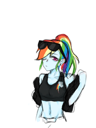 Size: 1080x1440 | Tagged: safe, artist:菜c, equestria girls, g4, ;/, abs, clothes, cutie mark, cutie mark on clothes, ear piercing, earring, jacket, jewelry, one eye closed, piercing, simple background, solo, sports bra, sunglasses, white background