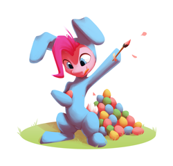 Size: 2048x1960 | Tagged: safe, artist:senaelik, pinkie pie, earth pony, pony, g4, animal costume, bunny costume, clothes, costume, easter, easter egg, holiday, paintbrush, sitting, smiling, solo, tongue out