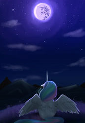 Size: 2048x2979 | Tagged: safe, artist:arforzan, princess celestia, alicorn, pony, g4, female, high res, mare, mare in the moon, moon, night, sitting, solo, spread wings, wings