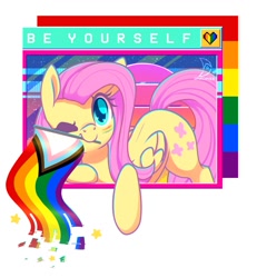 Size: 1111x1200 | Tagged: safe, artist:wavecipher, fluttershy, pegasus, pony, g4, flag, heart, heart eyes, mouth hold, one eye closed, pride flag, wingding eyes