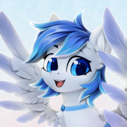 Size: 2000x2000 | Tagged: safe, artist:inowiseei, oc, oc only, oc:canicula, pegasus, pony, bust, commission, cute, happy, high res, jewelry, looking at you, necklace, portrait, smiling, smiling at you, solo, spread wings, wings