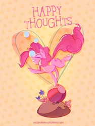 Size: 3000x4000 | Tagged: safe, artist:emerald-light, pinkie pie, earth pony, pony, g4, beach ball, eyes closed, flower, heart, juggling, sketchy, smiling, solo, text