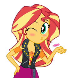 Size: 1999x2227 | Tagged: safe, artist:kingdark0001, sunset shimmer, equestria girls, equestria girls series, g4, blowing a kiss, blushing, clothes, female, geode of empathy, kissing, looking at you, magical geodes, one eye closed, simple background, skirt, solo, transparent background, wink