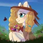 Size: 2000x2000 | Tagged: safe, artist:auroracursed, pear butter, butterfly, earth pony, pony, bouquet, female, flower, hat, high res, mare, solo, sun hat