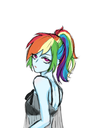 Size: 1080x1440 | Tagged: safe, artist:菜c, rainbow dash, equestria girls, g4, babydoll, bare shoulders, breasts, clothes, female, lidded eyes, nightgown, over the shoulder, ponytail, simple background, sleeveless, solo, white background