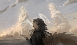 Size: 2560x1500 | Tagged: safe, artist:ssnerdy, oc, oc only, pegasus, anthro, blood, cigarette, cloudscape, cut, eyes closed, female, halo, smoking, solo, spread wings, wings