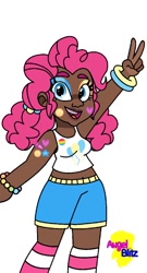 Size: 690x1280 | Tagged: safe, artist:angelblitzowo, pinkie pie, human, g4, alternate hairstyle, bandaid, belly button, bracelet, braces, clothes, dark skin, eyeshadow, face paint, female, humanized, jewelry, lipstick, makeup, midriff, pansexual, pansexual pride flag, peace sign, pride, pride flag, shorts, simple background, solo, sticker, tank top, white background, wristband