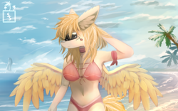 Size: 2560x1600 | Tagged: safe, artist:ssnerdy, oc, oc only, pegasus, anthro, beach, bikini, clothes, ear fluff, female, palm tree, solo, spread wings, sunglasses, swimsuit, tree, wings