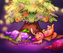 Size: 3000x2560 | Tagged: safe, artist:underdog234, smolder, spike, spike the regular dog, dog, equestria girls, g4, belly, christmas, christmas tree, cute, cute little fangs, dogified, duo, eyes closed, fangs, female, high res, holiday, holiday picture, lights, lying, lying down, male, nap, on back, puppy, puppy smolder, sleeping, smolder the dog, smolderbetes, species swap, spikabetes, spike the dog, sweet dreams fuel, tree, wrapping paper