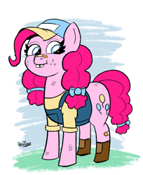 Size: 2508x3072 | Tagged: safe, artist:datzigga, pinkie pie, earth pony, pony, g4, alternate hairstyle, bandaid, bandaid on nose, bandaids, boots, bow, bucktooth, clothes, cute, diapinkes, female, freckles, hat, high res, mare, overalls, shoes, smiling, solo