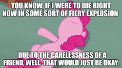 Size: 888x499 | Tagged: safe, edit, edited screencap, editor:megalobronia, screencap, pinkie pie, earth pony, pony, g4, season 3, too many pinkie pies, belly, caption, dying for pie, image macro, imgflip, lying down, meme, nose in the air, smiling, solo, spongebob squarepants, tearjerker, text
