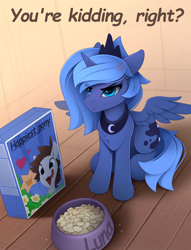 Size: 1500x1963 | Tagged: safe, artist:yakovlev-vad, princess luna, alicorn, pony, g4, :3, :<, >:<, angry, cereal, cereal box, chest fluff, comic sans, cross-popping veins, cute, female, floppy ears, food, frown, glare, lacrimal caruncle, licking, licking lips, luna is not amused, lunabetes, madorable, mare, pet bowl, pony pet, s1 luna, sitting, solo, spread wings, sternocleidomastoid, tongue out, unamused, wings