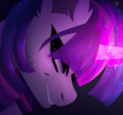 Size: 2304x2160 | Tagged: safe, artist:elektra-gertly, twilight sparkle, pony, unicorn, g4, black background, bust, female, glowing horn, high res, horn, mare, simple background, smiling, smirk, solo