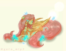 Size: 1080x842 | Tagged: safe, artist:yara_mlp3, fluttershy, bird, pegasus, pony, g4, crying, flower, simple background, sitting, solo