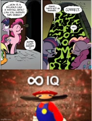 Size: 500x661 | Tagged: safe, edit, idw, applejack, pinkie pie, twilight sparkle, earth pony, pony, unicorn, g4, the return of queen chrysalis, angry, door, eyes closed, female, infinite iq, male, mare, mario, meme, riddle, smg4, super mario bros., tongue out