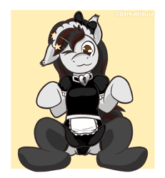 Size: 1234x1335 | Tagged: safe, oc, oc only, oc:sixheart, earth pony, pony, clothes, earth pony oc, female, looking at you, maid, one eye closed, sitting, solo, wink, winking at you
