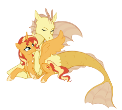 Size: 1550x1400 | Tagged: safe, artist:stummm, adagio dazzle, sunset shimmer, alicorn, pony, siren, g4, alicornified, assisted preening, cuddling, equestria girls ponified, eyes closed, female, grooming, interspecies, lesbian, mare, ponified, preening, race swap, shimmercorn, ship:sunsagio, shipping, show accurate, simple background, size difference, spread wings, transparent background, wings