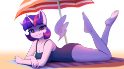 Size: 2000x1117 | Tagged: safe, artist:mrscroup, twilight sparkle, alicorn, anthro, plantigrade anthro, g4, adorasexy, alternate hairstyle, ass, barefoot, breasts, butt, chromatic aberration, cleavage, clothes, cute, feet, female, floating wings, looking at you, one-piece swimsuit, reasonably sized breasts, sexy, short hair, solo, swimsuit, the pose, towel, twiabetes, twibutt, twilight sparkle (alicorn), wings