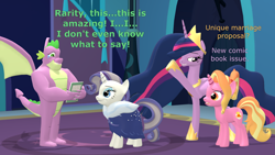Size: 1920x1080 | Tagged: safe, artist:red4567, luster dawn, rarity, spike, twilight sparkle, alicorn, dragon, pony, unicorn, g4, the last problem, 3d, atg 2021, comic book, crying, dialogue, female, gigachad spike, jewelry, looking at each other, looking down, looking up, male, mare, newbie artist training grounds, older, older rarity, older spike, older twilight, older twilight sparkle (alicorn), princess twilight 2.0, regalia, ship:sparity, shipping, skunk stripe, source filmmaker, straight, tears of joy, twilight sparkle (alicorn)