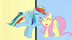 Size: 1920x1080 | Tagged: safe, screencap, fluttershy, rainbow dash, pegasus, pony, fame and misfortune, g4, season 7, cute, dashabetes, duo, eyes closed, female, mare, open mouth, shyabetes, smiling, we're not flawless
