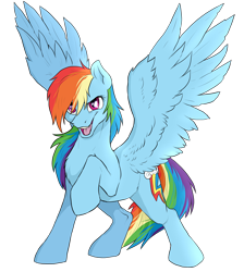 Size: 2100x2340 | Tagged: safe, artist:not-ordinary-pony, derpibooru exclusive, rainbow dash, pegasus, pony, g4, confident, feathered wings, female, high res, mare, open mouth, open smile, raised hoof, simple background, smiling, solo, spread wings, transparent background, wings