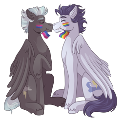 Size: 2600x2600 | Tagged: safe, artist:monnarcha, soarin', thunderlane, pegasus, pony, g4, bisexual pride flag, boop, commission, cute, eyes closed, face paint, gay, gay pride, gay pride flag, grin, high res, male, mouth hold, noseboop, pride, pride flag, pride month, raised hoof, shipping, simple background, sitting, smiling, soarilane, soarinbetes, stallion, thunderbetes, transparent background, unshorn fetlocks