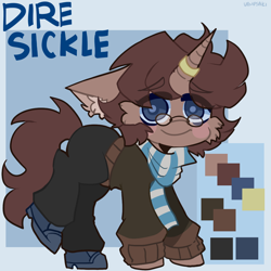 Size: 1024x1024 | Tagged: safe, artist:vampsaki, oc, oc only, oc:dire sickle, pony, unicorn, clothes, glasses, horn, jewelry, looking at you, male, reference sheet, ring, scarf, solo, stallion, unicorn oc