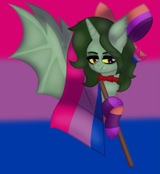 Size: 1051x1144 | Tagged: safe, artist:froyo15sugarblast, artist:nocturnal-moonlight, oc, oc only, oc:denalia, alicorn, bat pony, bat pony alicorn, goblin, original species, pony, alicorn oc, base used, bat ears, bat wings, bisexual pride flag, bow, bowtie, clothes, colored sclera, eye clipping through hair, heart, horn, male, mixed breed, paws, pride, pride flag, pride month, shading, socks, solo, spread wings, wings