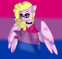 Size: 1060x1010 | Tagged: safe, artist:froyo15sugarblast, artist:nocturnal-moonlight, oc, oc only, alicorn, pony, alicorn oc, base used, bisexual pride flag, blanket, collar, floppy ears, glasses, horn, pride, pride flag, shading, smiling, solo, stars, wings