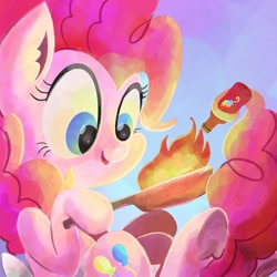 Size: 2048x2048 | Tagged: safe, artist:catscratchpaper, pinkie pie, earth pony, pony, g4, cooking, cute, diapinkes, fire, happy, high res, hot sauce, pan, simple background, solo