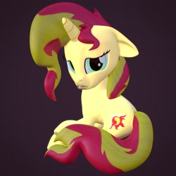 Size: 4000x4000 | Tagged: safe, artist:wissle, sunset shimmer, pony, unicorn, g4, 3d, absurd resolution, atg 2021, blender, female, looking at you, looking back, looking back at you, mare, newbie artist training grounds, sad, simple background, sitting, solo, sunsad shimmer