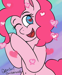 Size: 3000x3600 | Tagged: source needed, safe, artist:demitri, pinkie pie, pony, g4, belly button, heart, heart eyes, high res, newbie artist training grounds, one eye closed, open mouth, open smile, signature, smiling, solo, wingding eyes