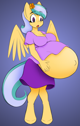 Size: 1050x1650 | Tagged: safe, artist:bree-doodles, artist:pacificside18, oc, oc only, oc:pacific breeze, pegasus, anthro, unguligrade anthro, anthro oc, belly, belly button, big belly, breasts, clothes, flower, flower in hair, huge belly, pegasus oc, pregnant, shirt, simple background, skirt, solo