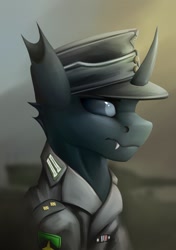 Size: 1200x1700 | Tagged: safe, artist:richmay, oc, oc only, changeling, equestria at war mod, bust, cap, changeling oc, clothes, cold war, german, hat, military, military uniform, portrait, solo, uniform