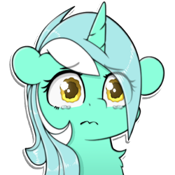 Size: 512x512 | Tagged: safe, artist:llametsul, lyra heartstrings, pony, unicorn, g4, 3:, atg 2021, bust, crying, cute, eye clipping through hair, eye shimmer, female, floppy ears, mare, newbie artist training grounds, sad, sadorable, simple background, solo, sticker, teary eyes, transparent background