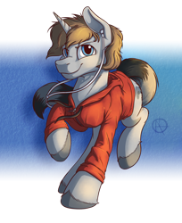 Size: 1750x2143 | Tagged: safe, artist:klarapl, oc, oc only, pony, unicorn, clothes, commission, earbuds, hoodie, looking at you, male, raised hoof, smiling, smiling at you, solo, stallion
