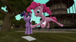Size: 1920x1080 | Tagged: safe, artist:scout_guy, pinkie pie, twilight sparkle, alicorn, earth pony, pony, g4, 3d, atg 2021, happy, jumping, newbie artist training grounds, open mouth, open smile, smiling, source filmmaker, twilight sparkle (alicorn)
