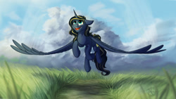 Size: 1024x576 | Tagged: safe, artist:klarapl, oc, oc only, alicorn, pony, alicorn oc, commission, female, flying, grass, horn, large wings, mare, open mouth, scenery, smiling, solo, spread wings, wings