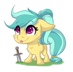 Size: 975x964 | Tagged: safe, artist:klarapl, oc, oc only, oc:karoline skies, earth pony, pony, cheek fluff, chest fluff, chibi, eye clipping through hair, eyebrows, eyebrows visible through hair, female, floppy ears, simple background, solo, sword, tongue out, transparent background, weapon