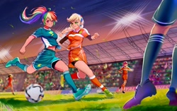 Size: 2835x1775 | Tagged: safe, artist:卯卯七, applejack, rainbow dash, scootaloo, human, g4, action pose, audience, cleats, clothes, crowd, duo focus, female, football, hairband, high res, humanized, lighting, long socks, low angle, motion blur, ponytail, running, scenery, scenery porn, shoes, shorts, soccer shoes, socks, sports, sports uniform, stadium, uniform