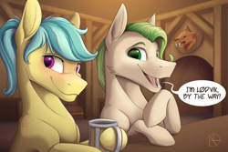 Size: 3000x2000 | Tagged: safe, artist:klarapl, oc, oc only, oc:karoline skies, oc:lodvik, earth pony, pony, dialogue, duo, female, high res, indoors, male, mare, mug, open mouth, smiling, speech bubble, stallion