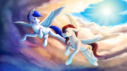 Size: 1600x901 | Tagged: safe, artist:klarapl, oc, oc only, pegasus, pony, cloudscape, commission, duo, female, looking at each other, male, mare, scar, smiling, stallion, sun