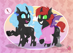 Size: 4950x3651 | Tagged: safe, artist:raspberrystudios, oc, oc only, changeling, amputee, bow, changeling oc, colt, commission, curly hair, exclamation point, fangs, female, grin, hair bow, male, mare, open smile, pointing, prosthetic limb, prosthetics, smiling, spread wings, wings