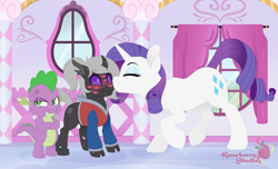 Size: 5445x3311 | Tagged: safe, artist:raspberrystudios, rarity, spike, oc, oc:chad, oc:kama ezio clyde armasta laska chadwickson the iv, changeling, dragon, pony, unicorn, g4, absurd resolution, blushing, boutique, changeling oc, clothes, colt, commission, crossed arms, curtains, eyes closed, female, hoodie, jealous, kiss mark, leaning, lipstick, male, mare, window