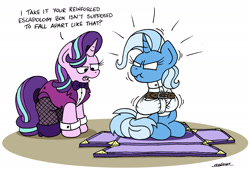 Size: 2500x1719 | Tagged: safe, artist:bobthedalek, starlight glimmer, trixie, pony, unicorn, g4, annoyed, assistant's outfit, atg 2021, belt, bondage, bow, clothes, cuffs (clothes), dialogue, duo, female, fishnet pantyhose, magic show, mare, newbie artist training grounds, scrunchy face, simple background, straitjacket, trixie is not amused, unamused, white background